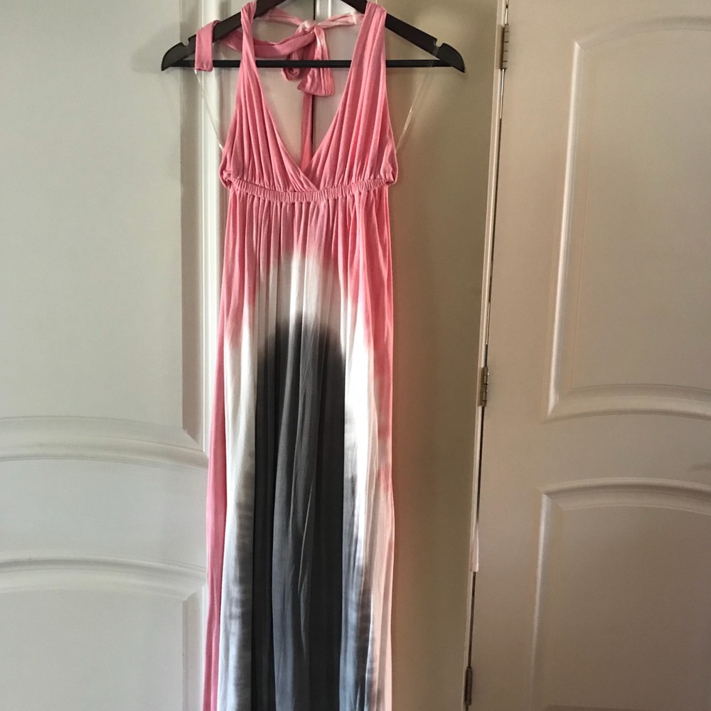 Tie dye halter maxi dress pink gray white